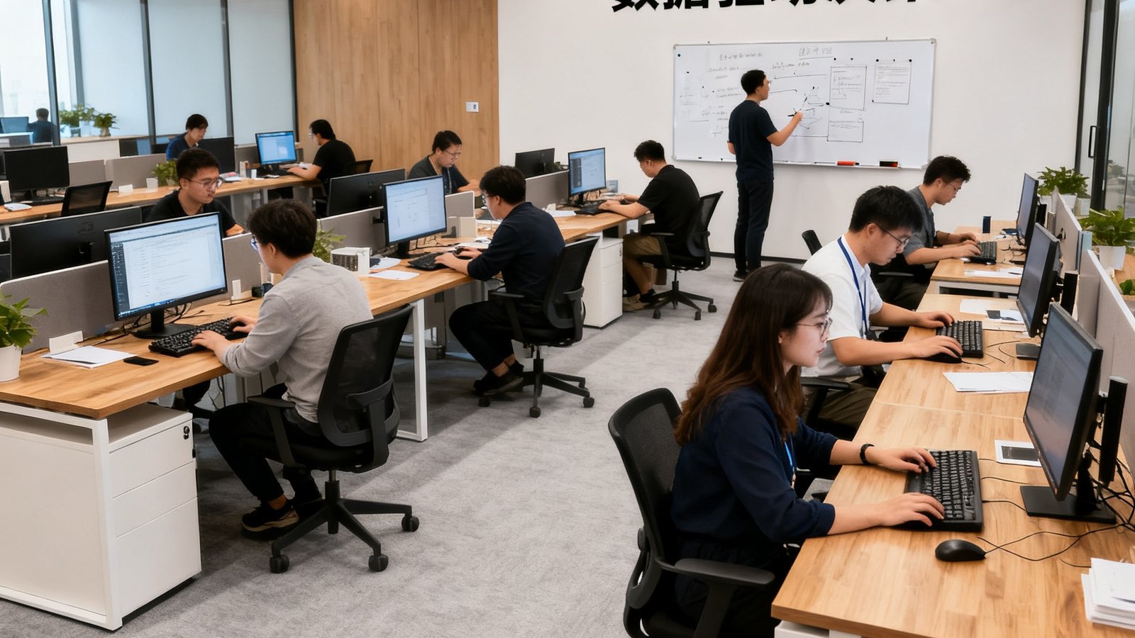 B体育北京总部开放式办公区实景,数十位编辑和数据分析师在现代化办公室内专注工作的场景