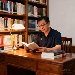体育院校教师王老师的职业形象照，他戴着眼镜在书房中阅读